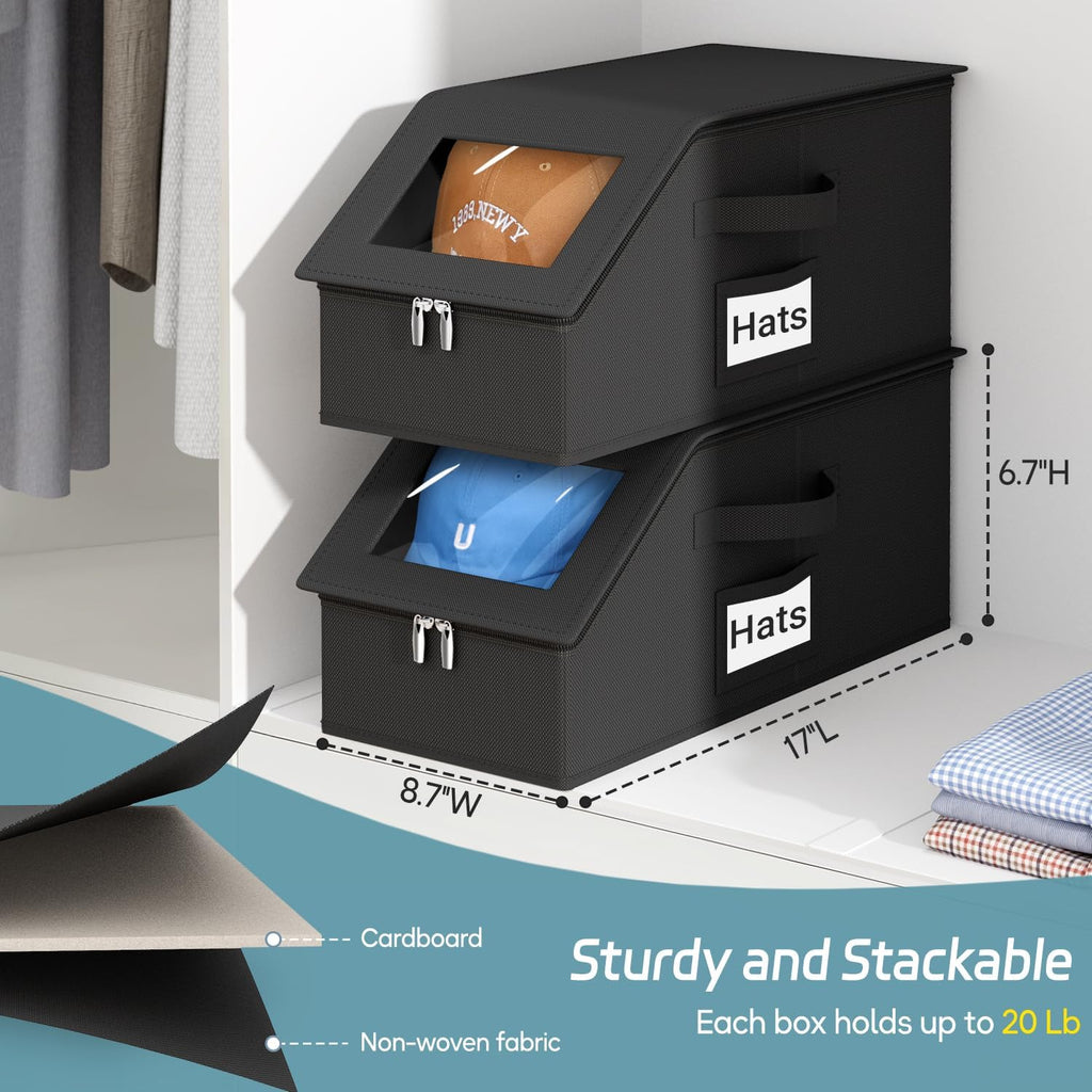2 PCS Stackable Hat Storage for Baseball Caps, Holds up to 24 Caps Hat Organizer for Closet, Sturdy Snapback Boxes for Men with Cardboard (Pure Black)