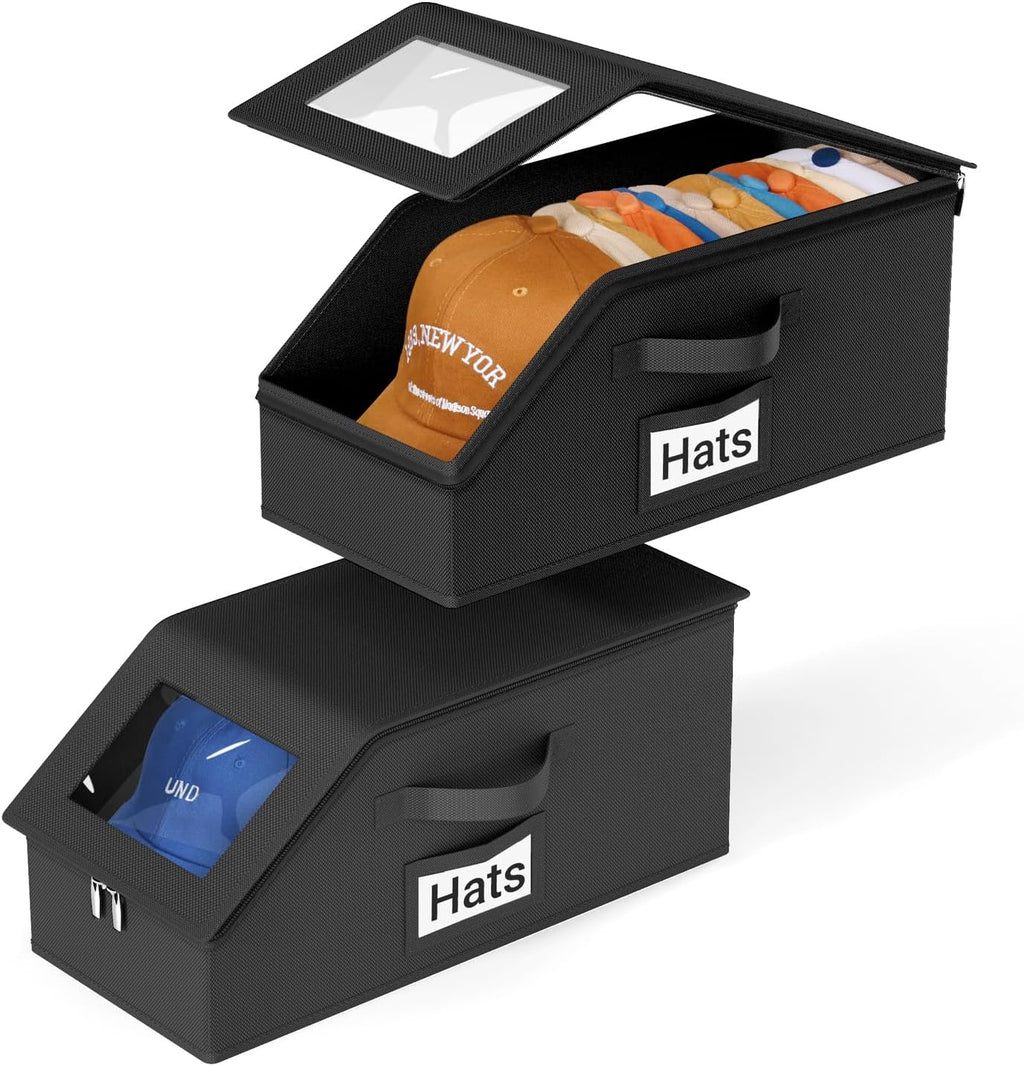 2 PCS Stackable Hat Storage for Baseball Caps, Holds up to 24 Caps Hat Organizer for Closet, Sturdy Snapback Boxes for Men with Cardboard (Pure Black)