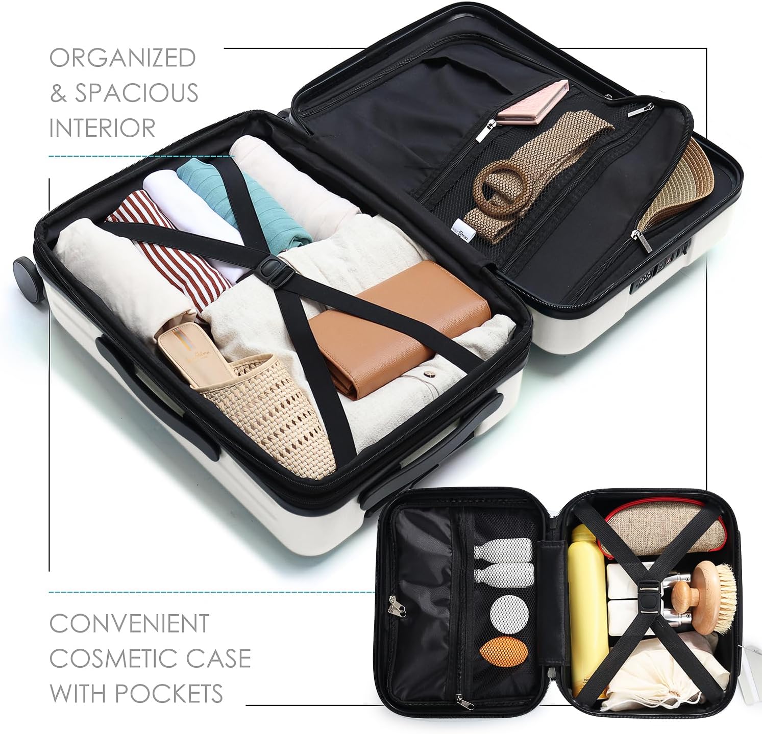 20 Inch Carry on Luggage 22X14X9 Airline Approved, Carry on Suitcase with Wheels, Hard-Shell Carry-On Luggage, Durable Luggage Carry On, White Small Suitcase with Cosmetic Carry on Bag