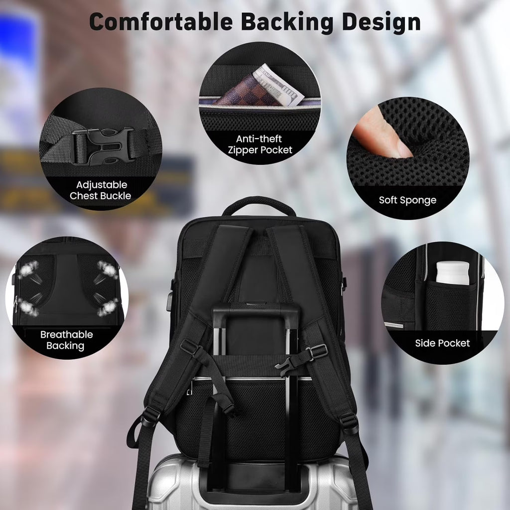 Travel Backpack for Women and Men, 40L Flight Approved Carry on Bag, Water Resistant Large Casual Daypack Fit 17 Inch Laptop with USB Charging Port, the Best Gift Choice