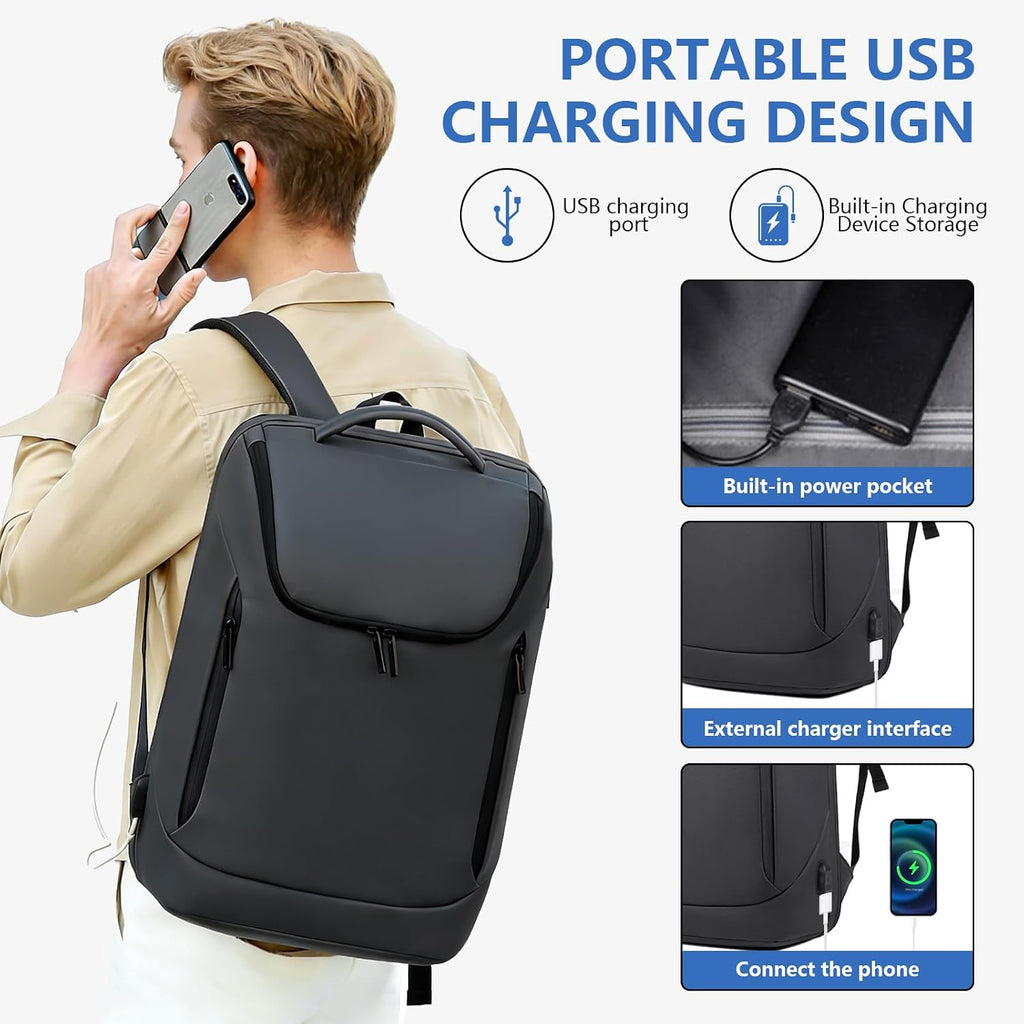 Business Backpack for Women & Men with USB Charging Port Waterproof Scratch-Resistant Fabric 17In Travel Laptop Backpack Flight Approved Carry on Backpack Reinforced Breathable Straps Black